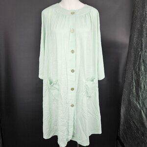 Vintage Shadowline Robe Womens Large Green Nylon Button Front Kaftan Pockets